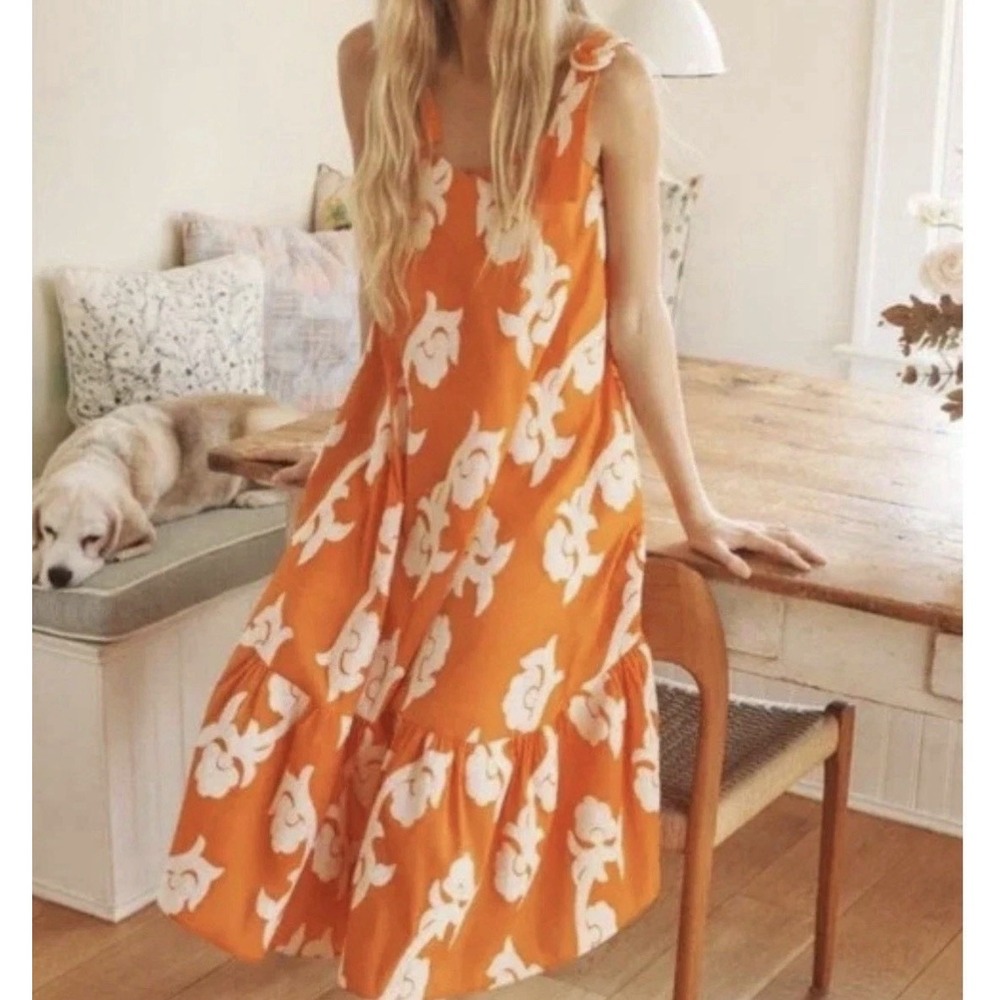 Anthropologie Exquise Phoebe Flounced Embroidered Maxi Dress Orange White Large - Picture 5 of 6